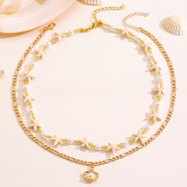 Gold Pearl Layered Necklace for Women - Shell & Starfish Design