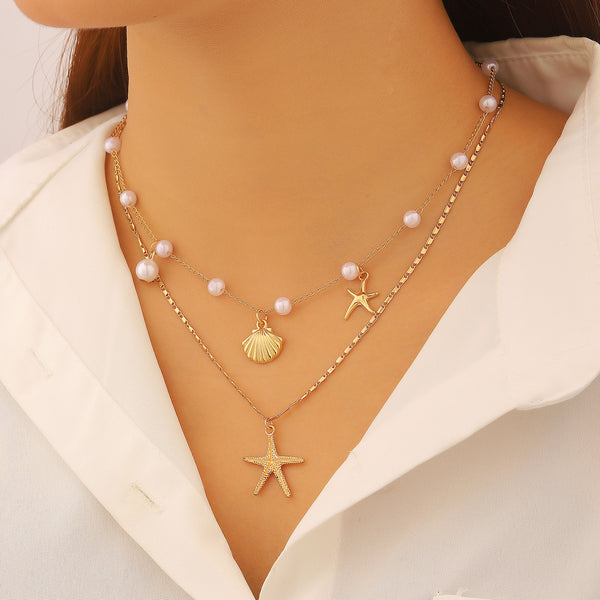 Gold Pearl Layered Necklace for Women - Shell & Starfish Design