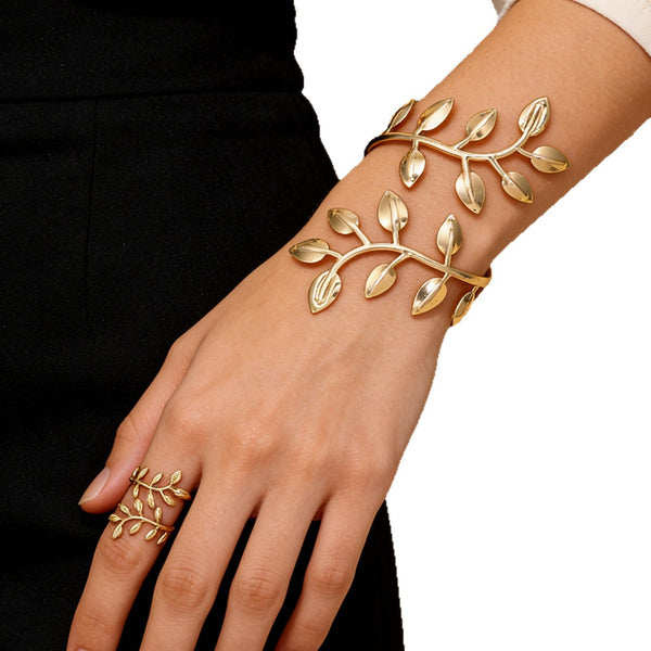 Gold Leaf Bracelet and Ring Set for Women