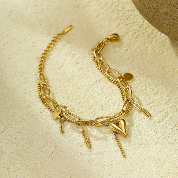 Gold Charm Bracelet for Women - Layered Heart & Star Design