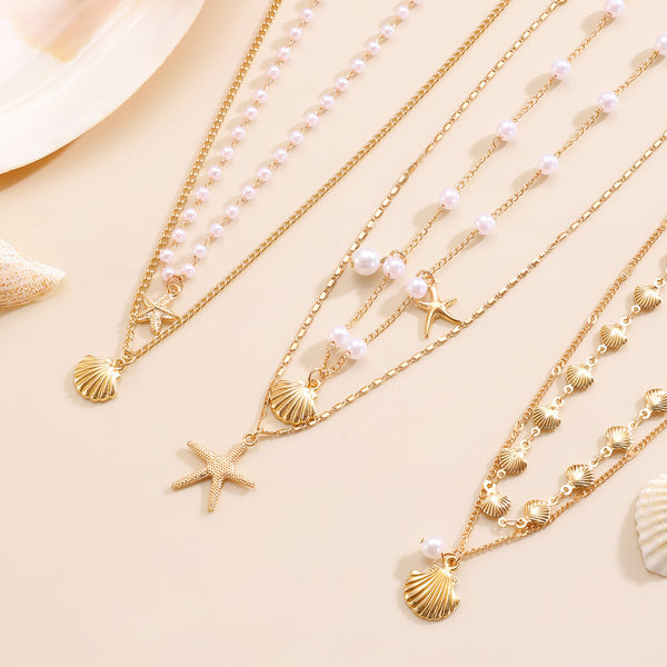 Gold Pearl Layered Necklace for Women - Shell & Starfish Design