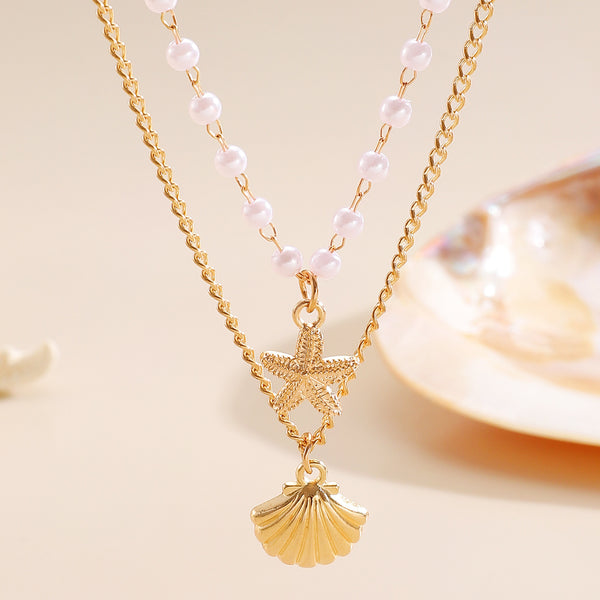 Gold Pearl Layered Necklace for Women - Shell & Starfish Design