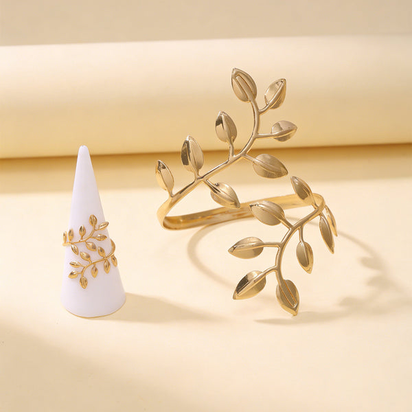 Gold Leaf Bracelet and Ring Set for Women