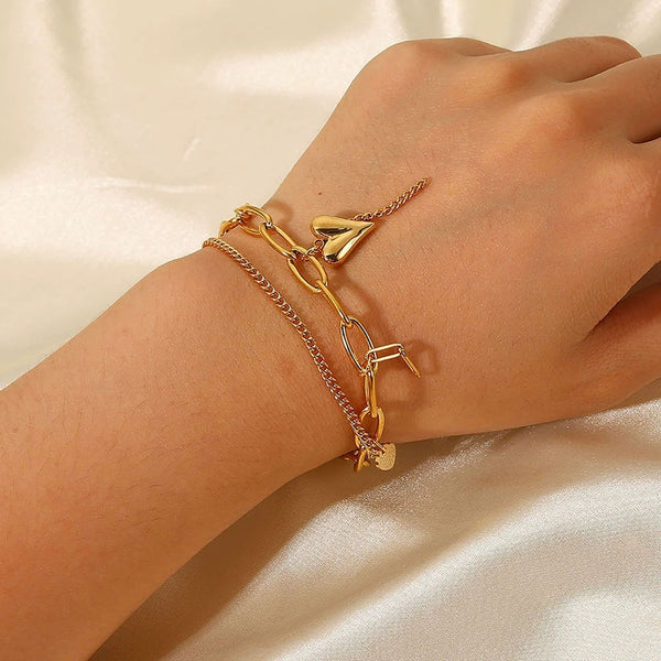 Gold Charm Bracelet for Women - Layered Heart & Star Design