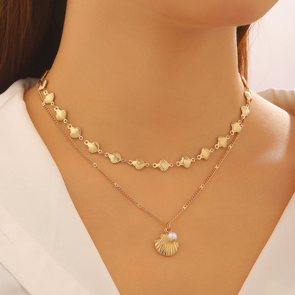 Gold Pearl Layered Necklace for Women - Shell & Starfish Design