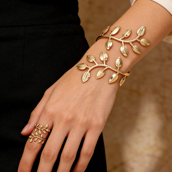 Gold Leaf Bracelet and Ring Set for Women